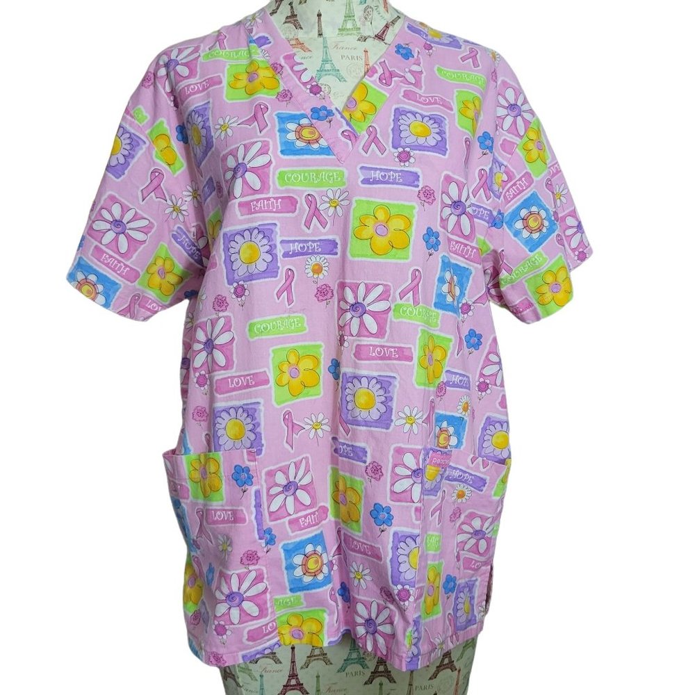 Peaches Sz XL Breast Cancer Ribbon Daisy SS V-neck Pullover Scrub Top
